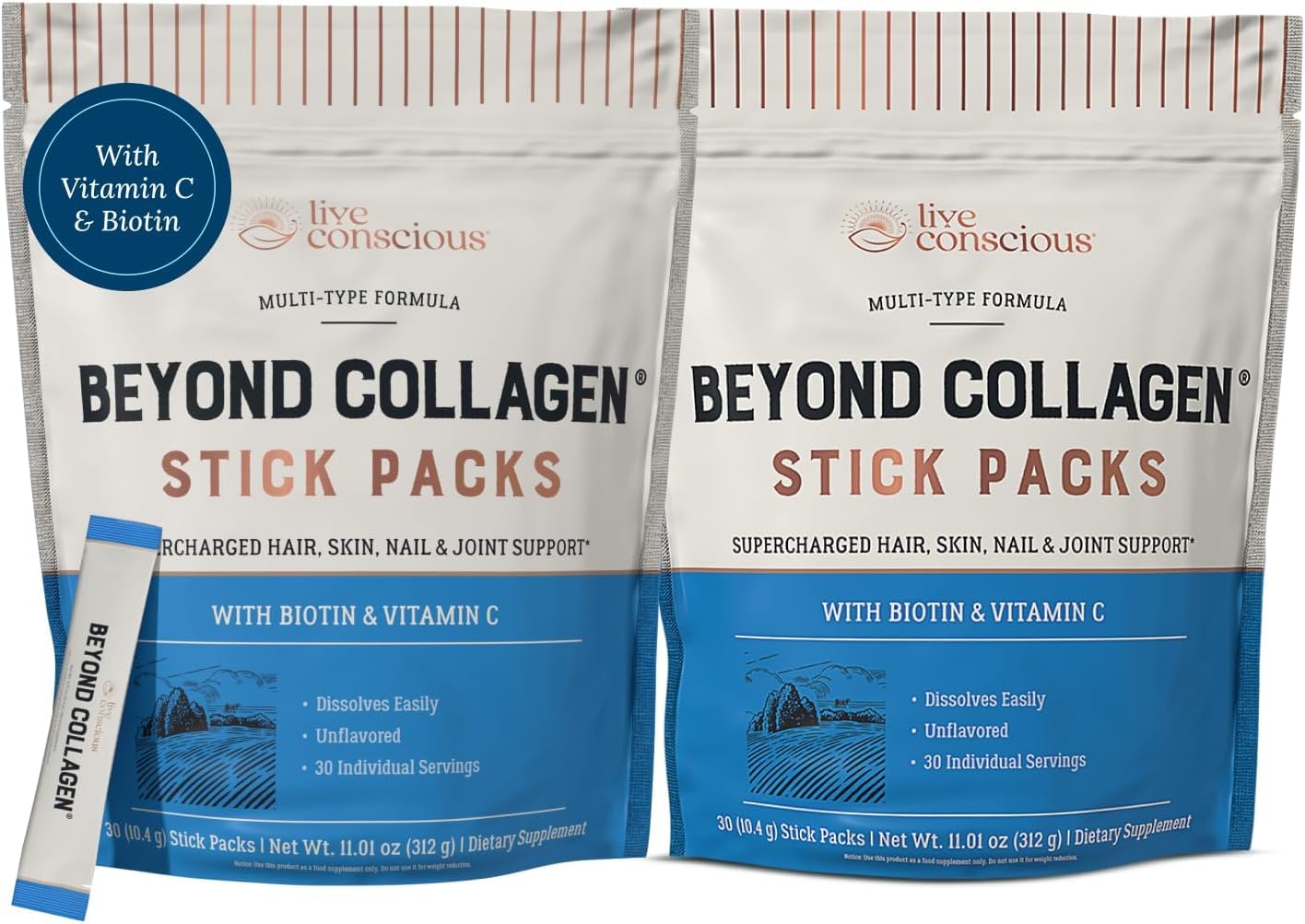Front view of Live Conscious Beyond Collagen Peptides Unflavored packets