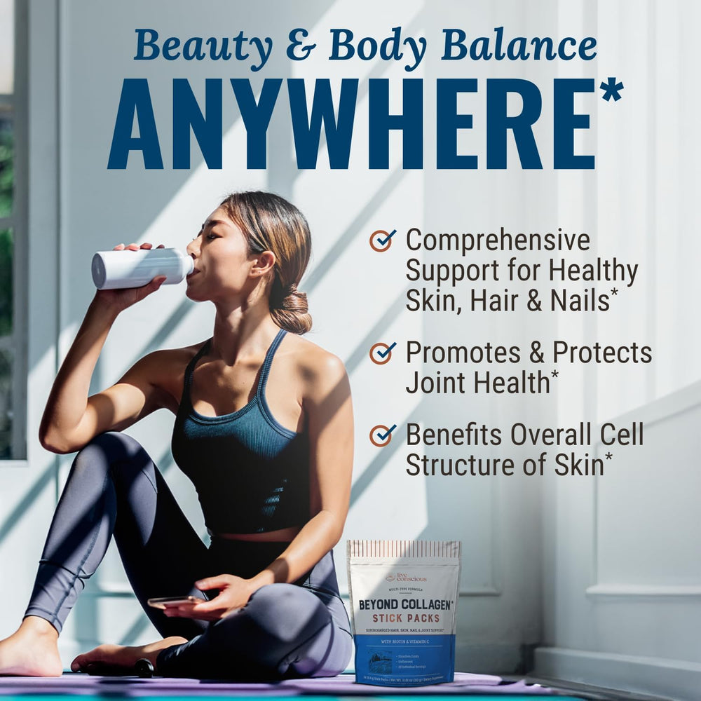 Unflavored Beyond Collagen packets arranged for a 30-pack