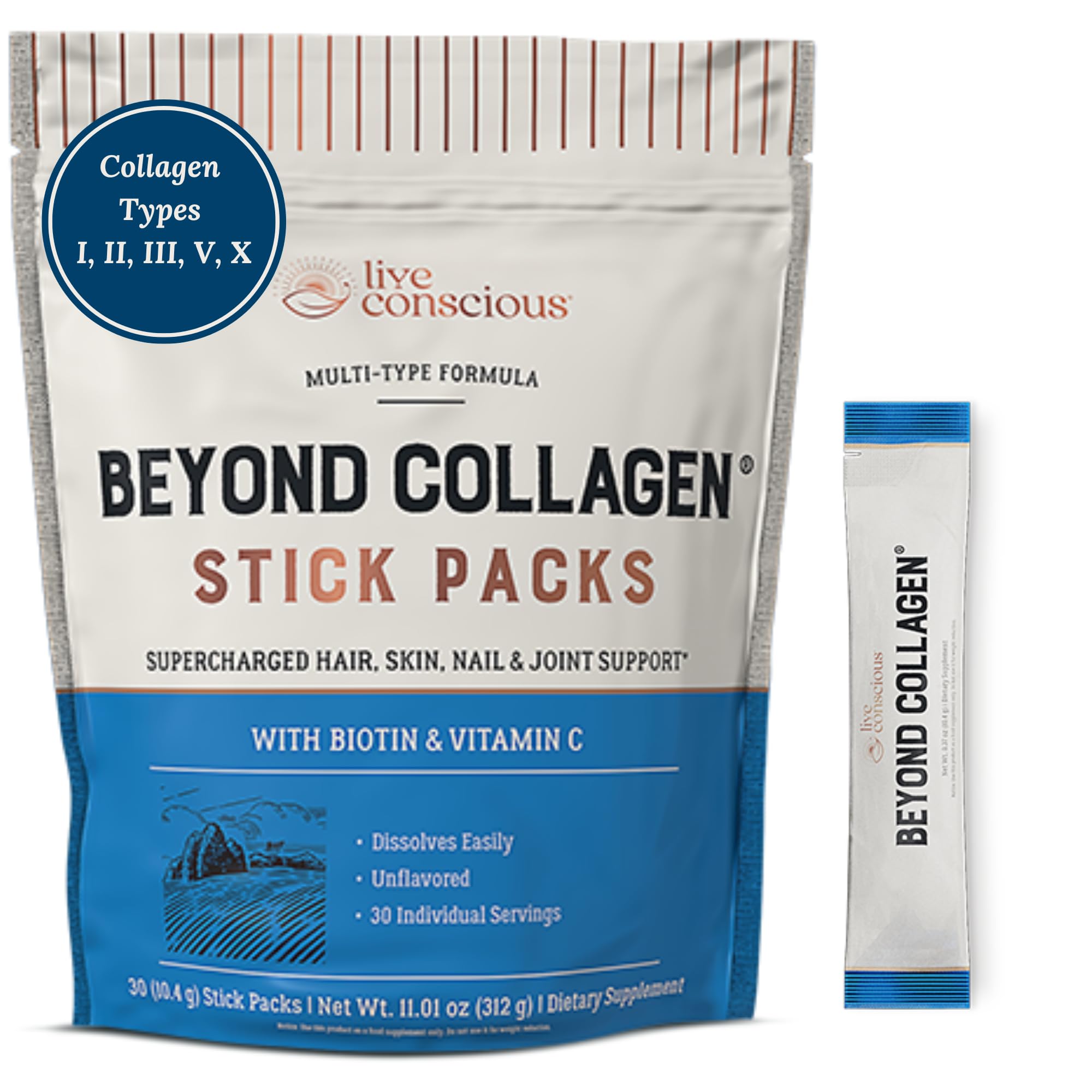 Front view of Live Conscious Beyond Collagen Peptides unflavored packets