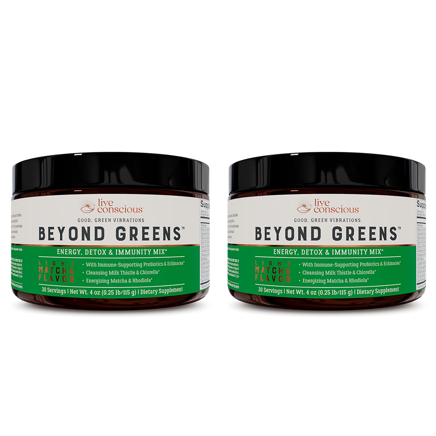 Front view of Live Conscious Beyond Greens Matcha two-pack bottles