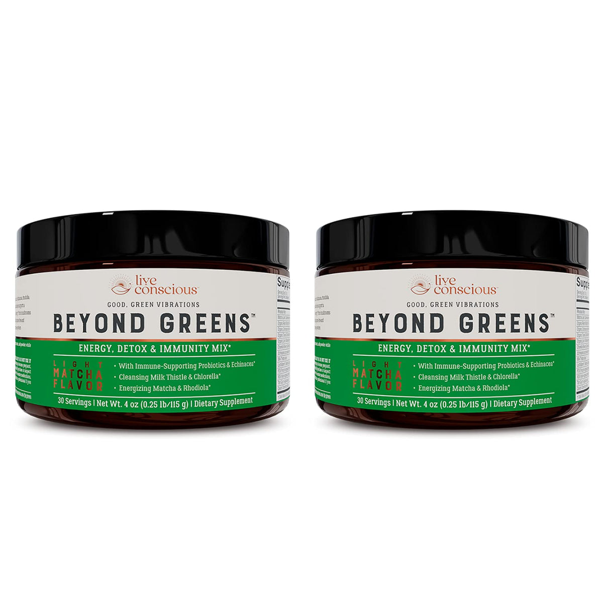 Front view of Live Conscious Beyond Greens Matcha two-pack bottles