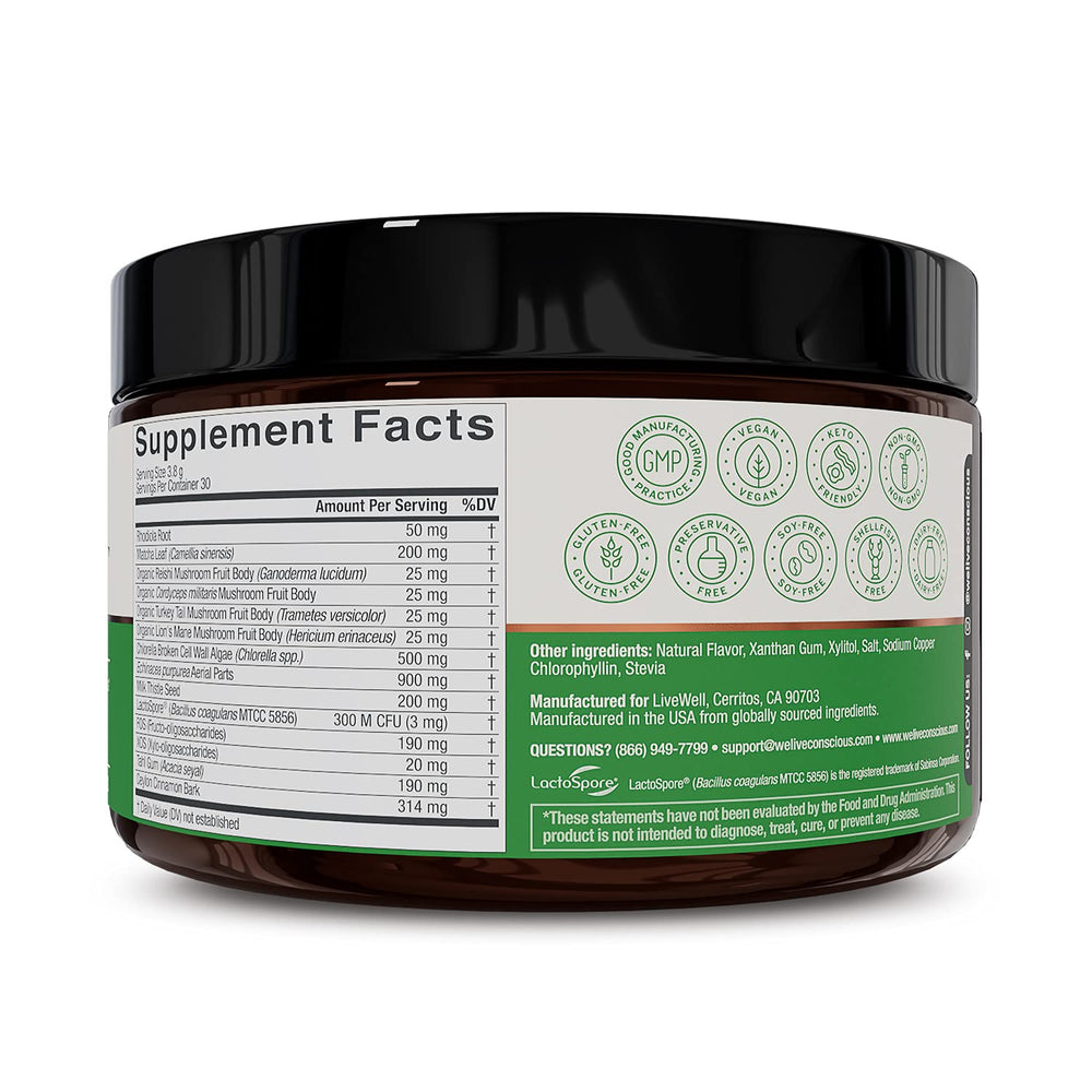 Digestive health and balanced gut concept with greens powder