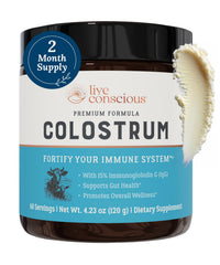 Front view of Live Conscious Colostrum Powder container on a white background