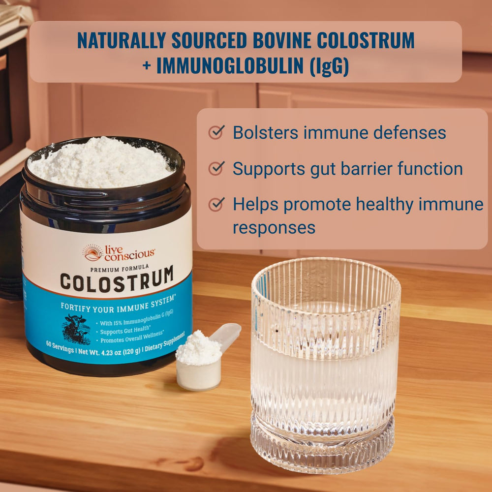 Close-up of grass-fed bovine label on colostrum powder container
