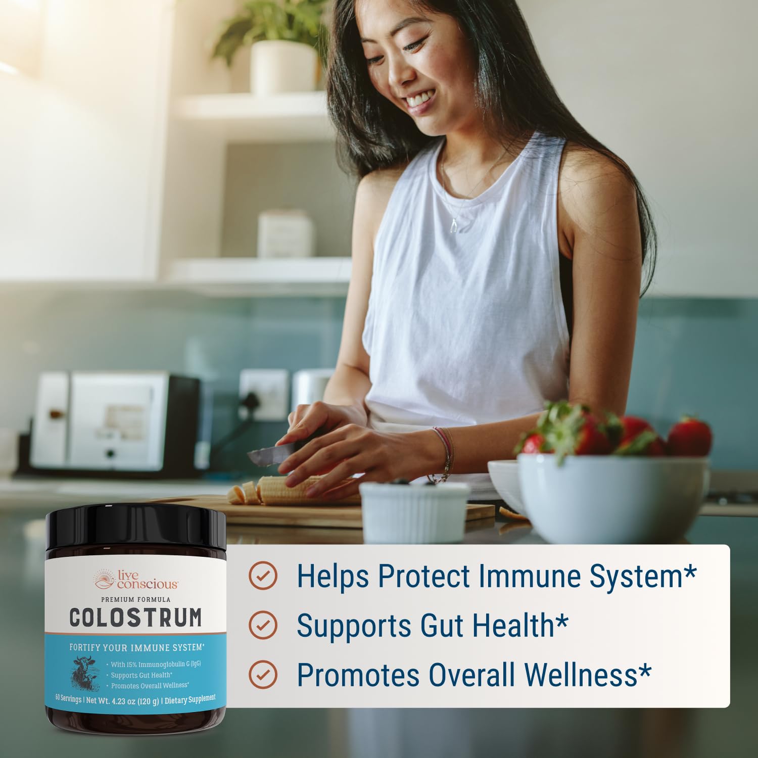 Live Conscious Colostrum Powder packaging highlighting lactoferrin