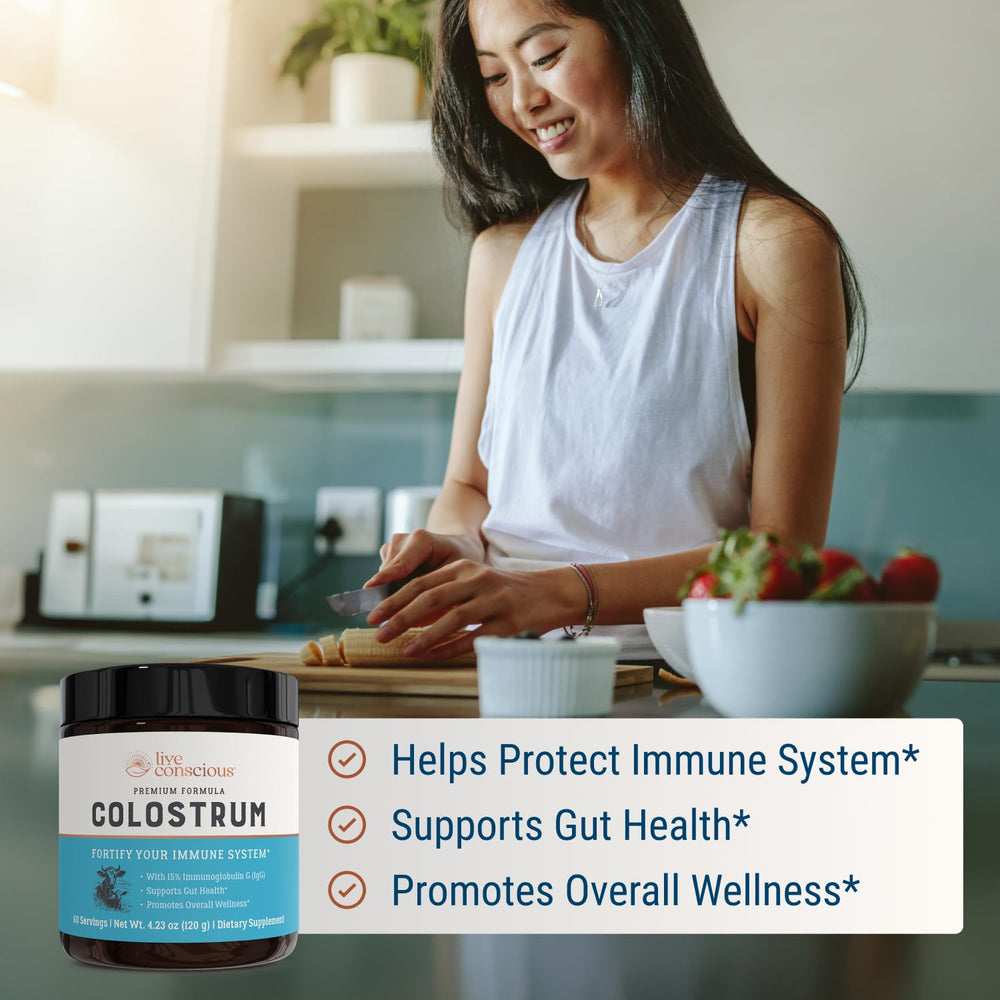 Live Conscious Colostrum Powder packaging highlighting lactoferrin