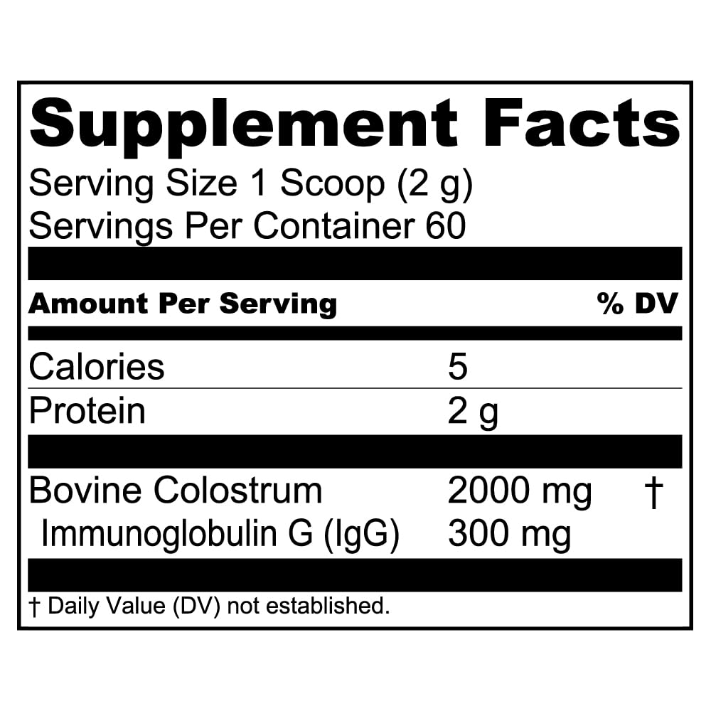 Ingredient icons highlighting bovine colostrum and immune support