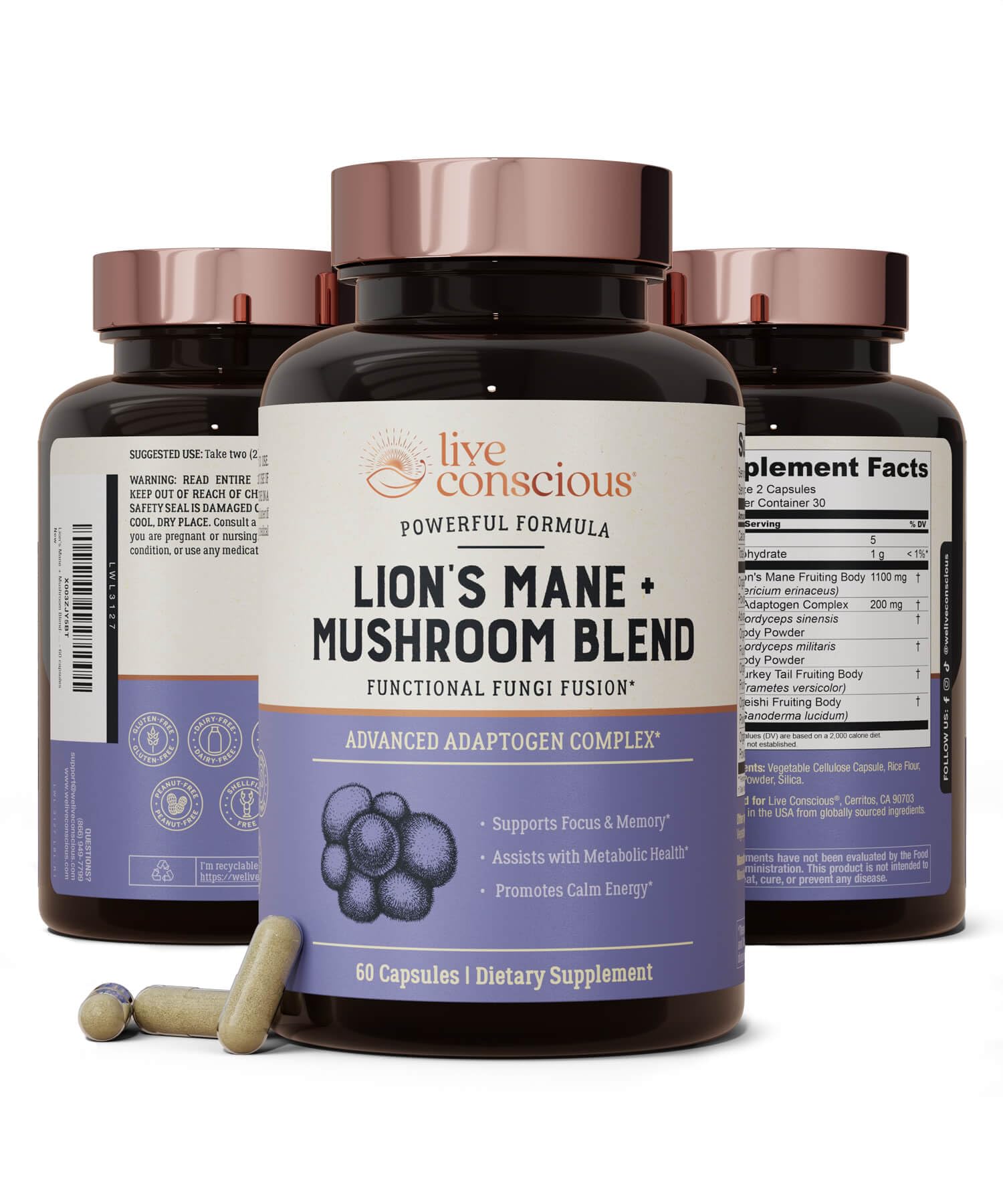 Hero image for Live Conscious Lions Mane Mushroom Supplement capsules