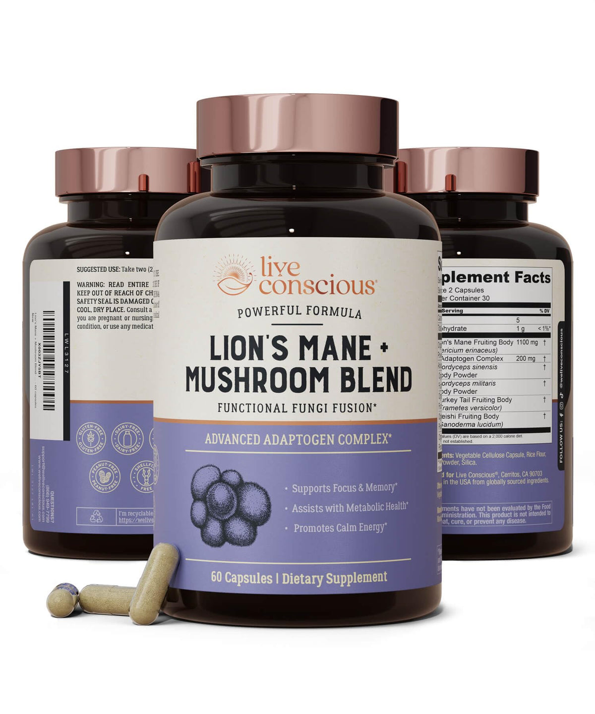 Hero image for Live Conscious Lions Mane Mushroom Supplement capsules