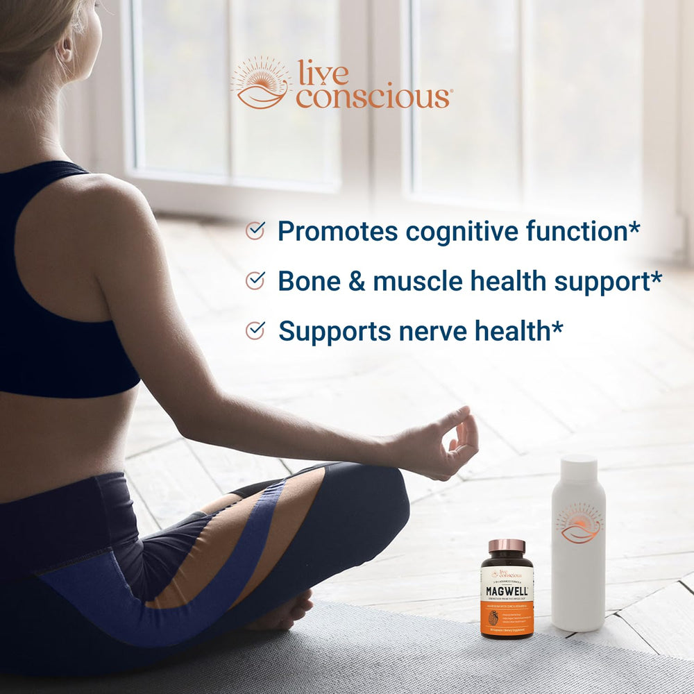 Live Conscious Magwell bottle side label emphasizing immune and bone health features.
