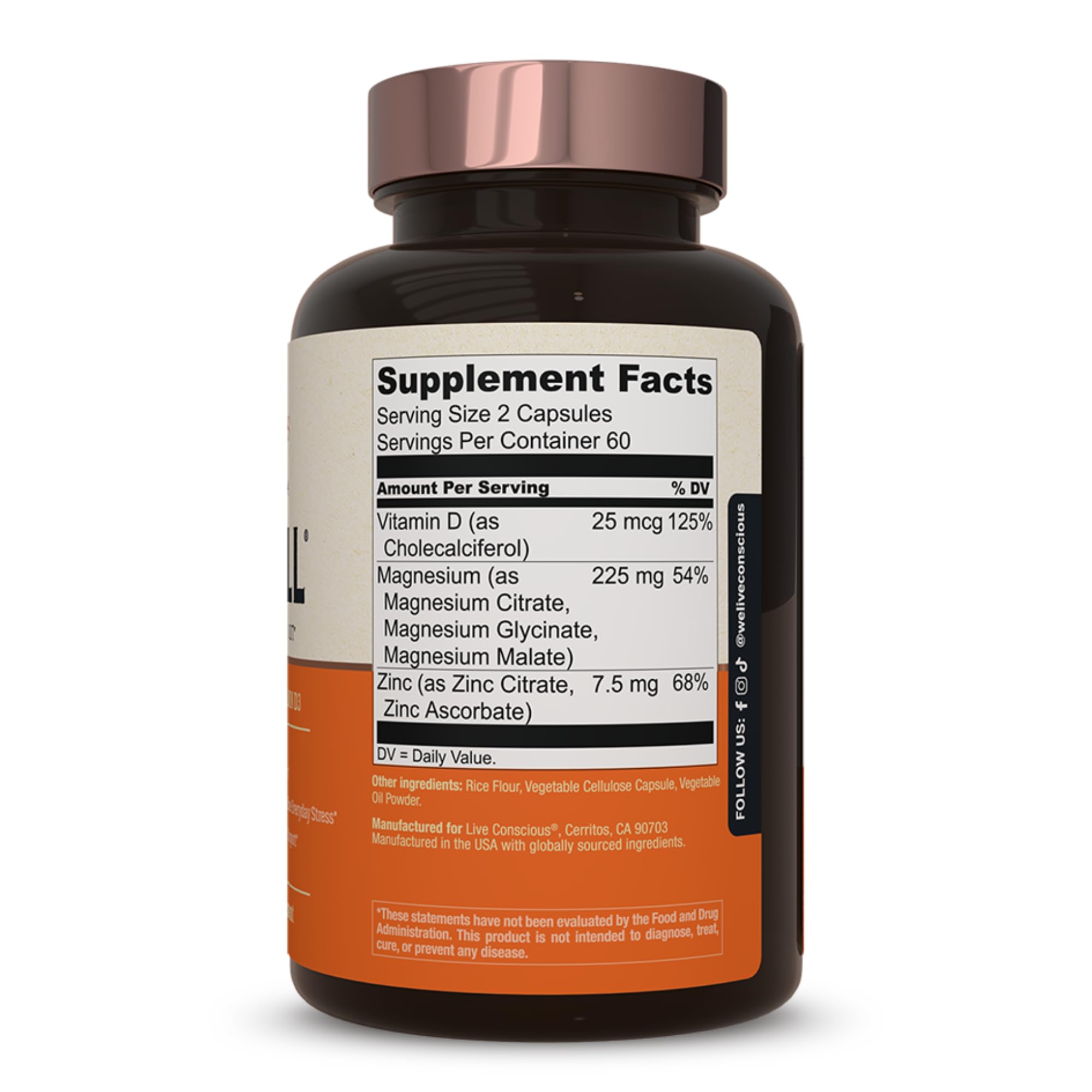 Live Conscious Magwell bottle with immune support label highlighting D3 and zinc benefits.
