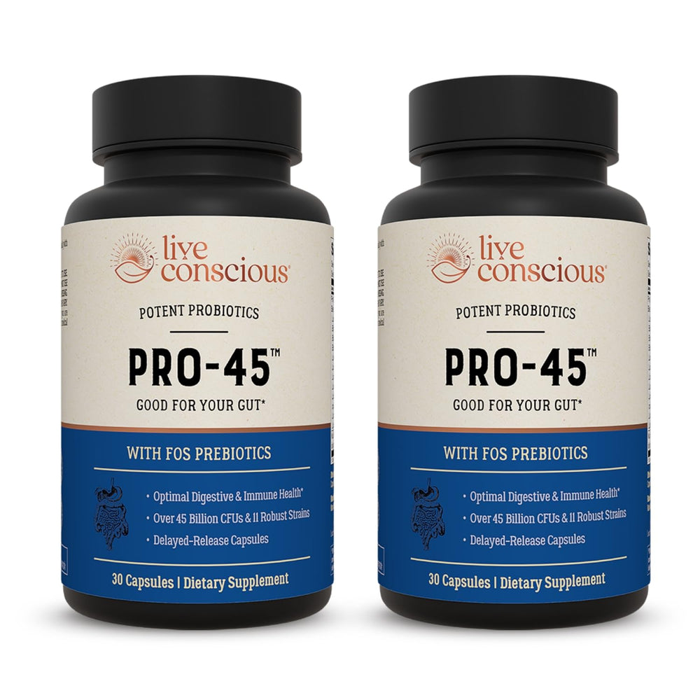 Live Conscious PRO45 bottle with 60 dairy-free delayed-release veggie capsules