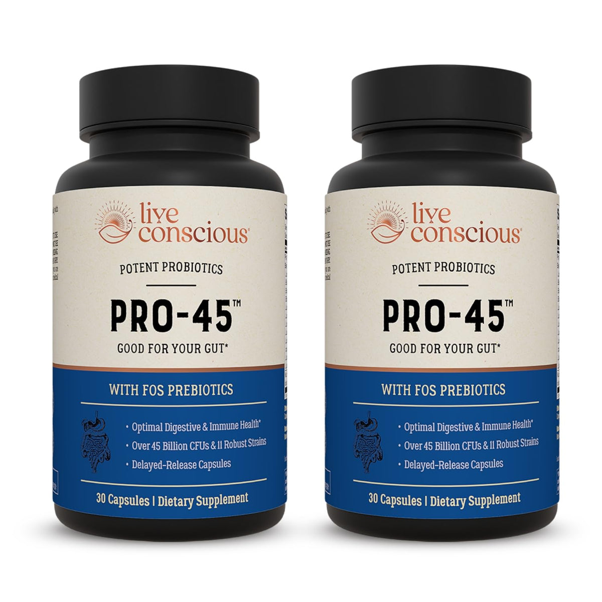 Live Conscious PRO45 bottle with 60 dairy-free delayed-release veggie capsules