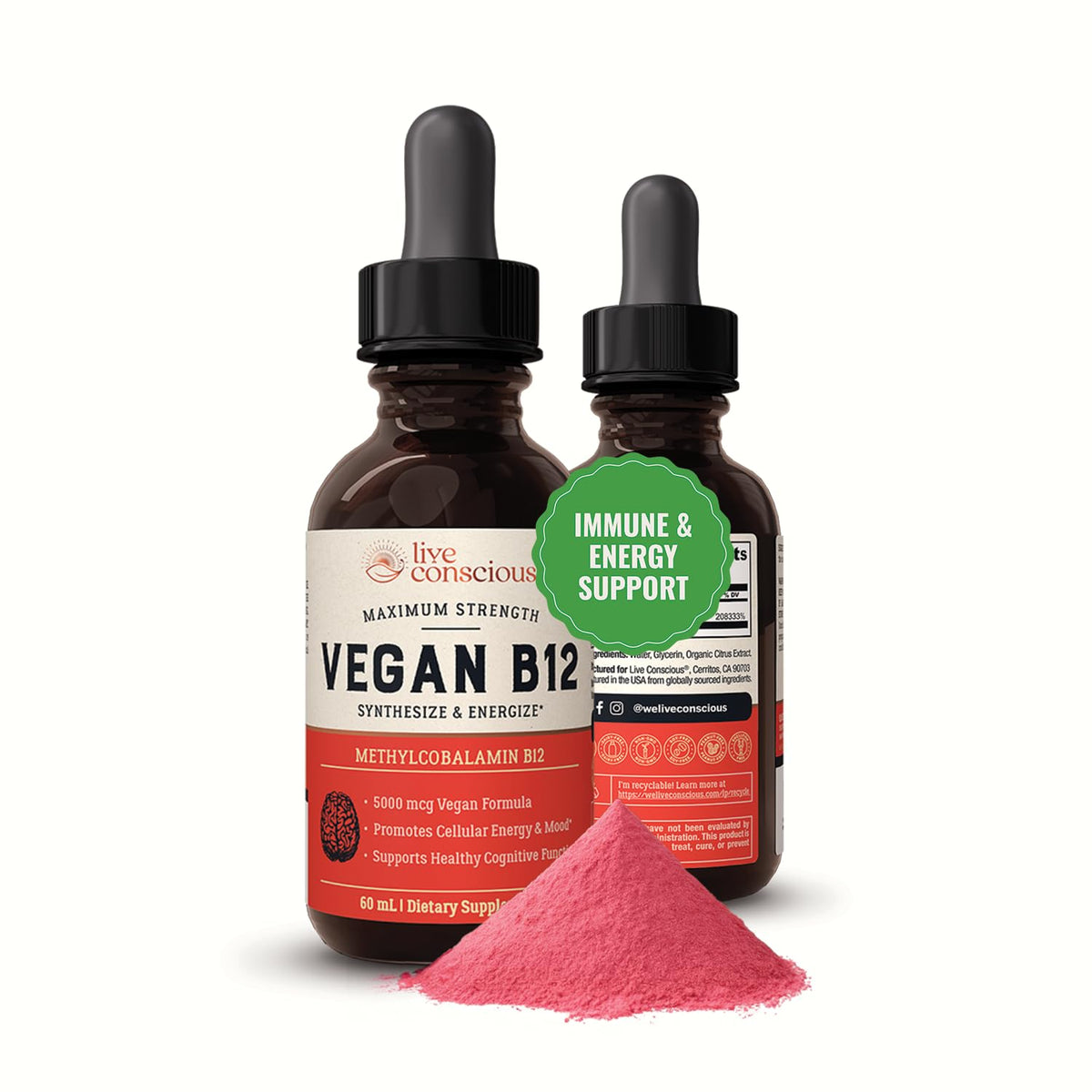 Live Conscious Vegan B12 sublingual drops bottle with dropper