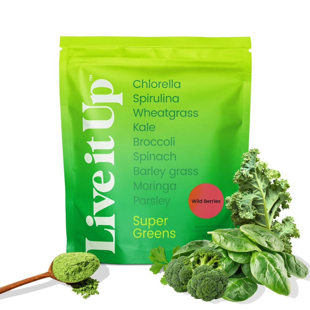 Live It Up Super Greens Berry flavor canister label