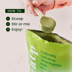 Powder texture on a scoop with fresh greens nearby