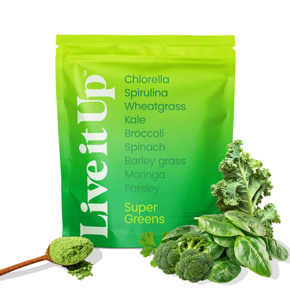 Front view of LIVE IT UP Super Greens powder bottle