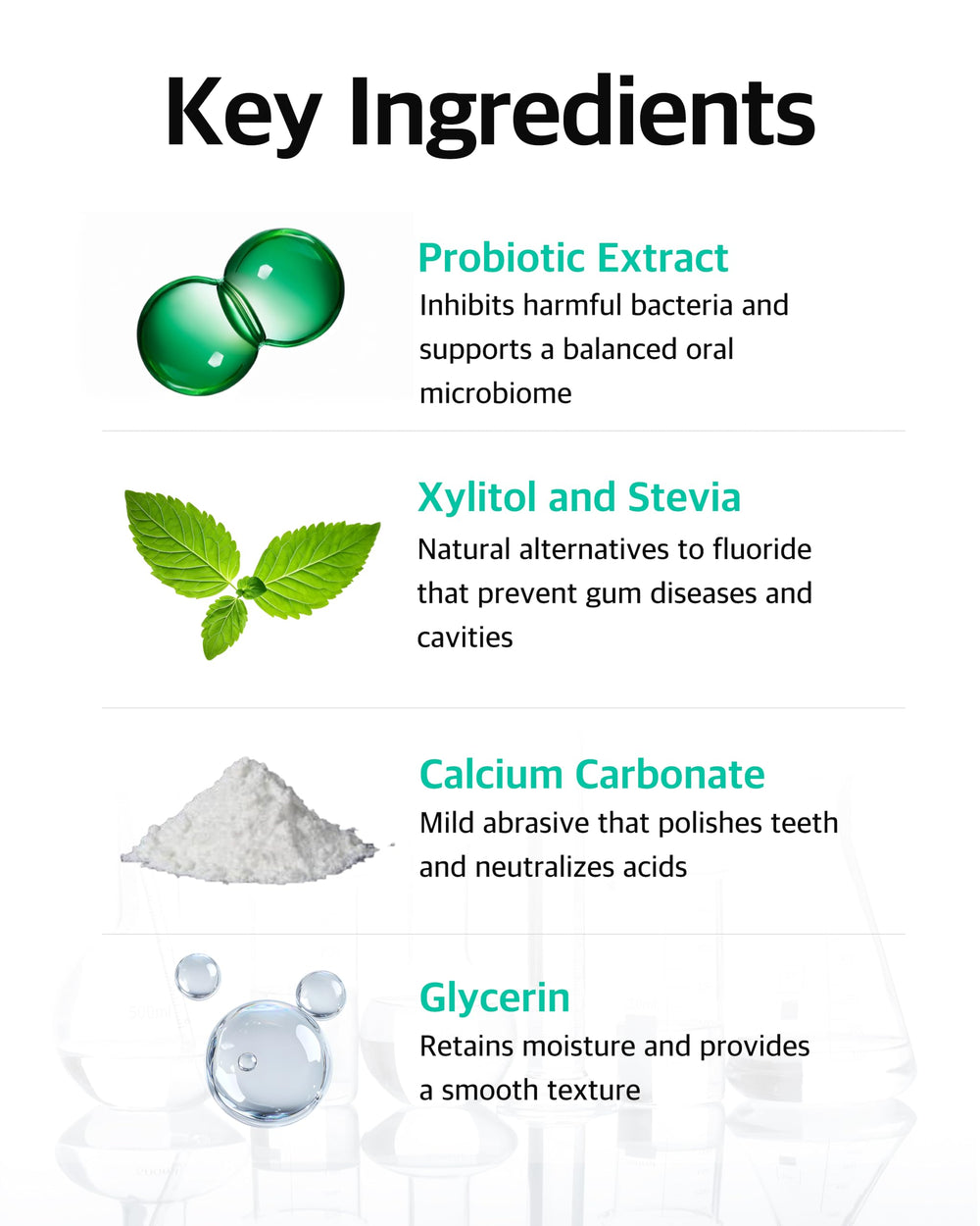 Infographic of natural ingredients: xylitol, green tea, seaweed