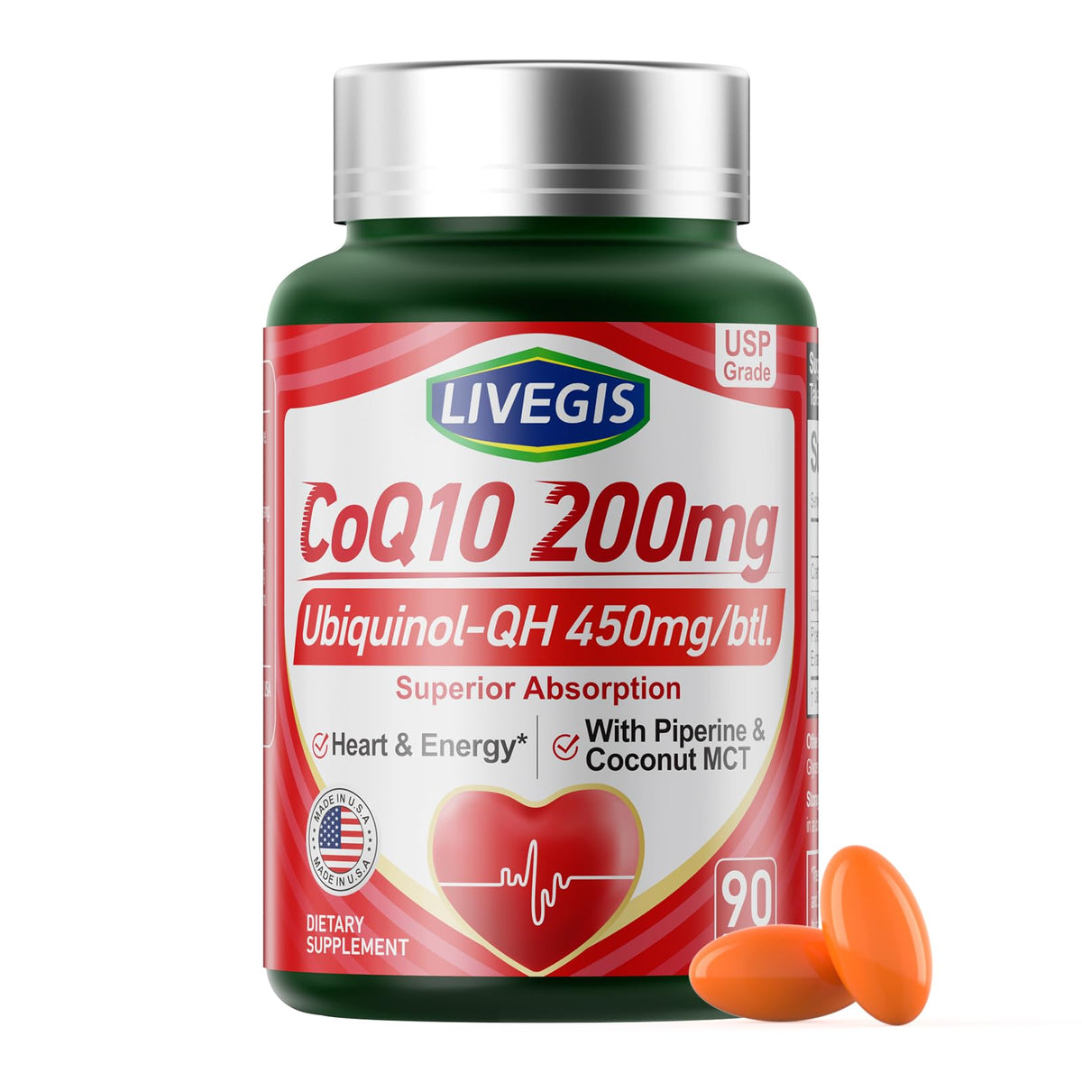 Bottle of LIVEGIS CoQ10 200mg softgels, 90-count