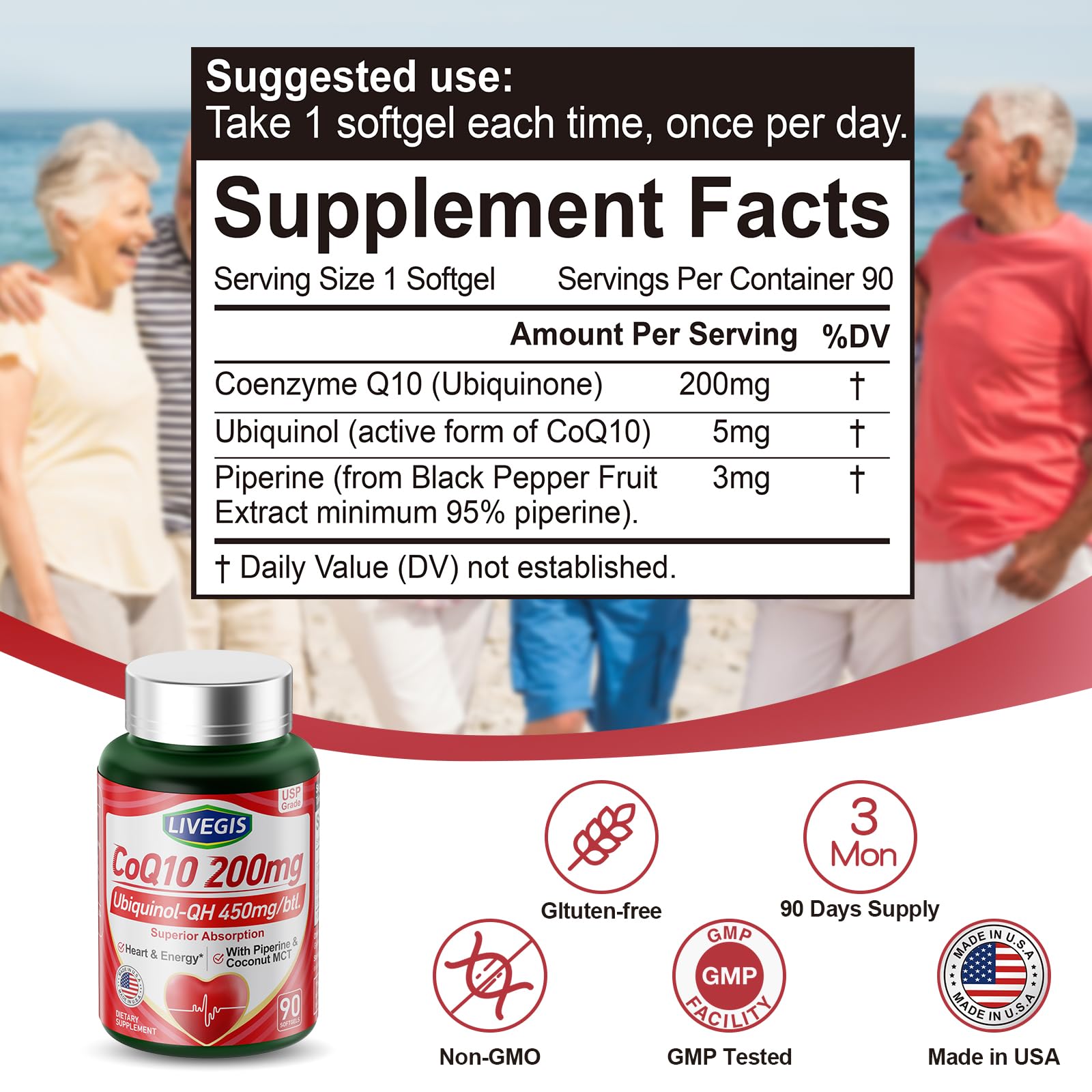 Close-up of CoQ10 softgels with coconut MCT oil