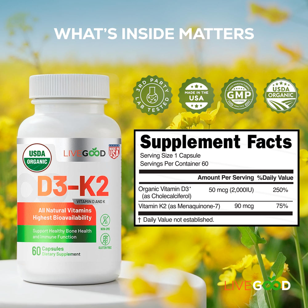 Nutrition facts and ingredients on LIVEGOOD D3-K2 bottle