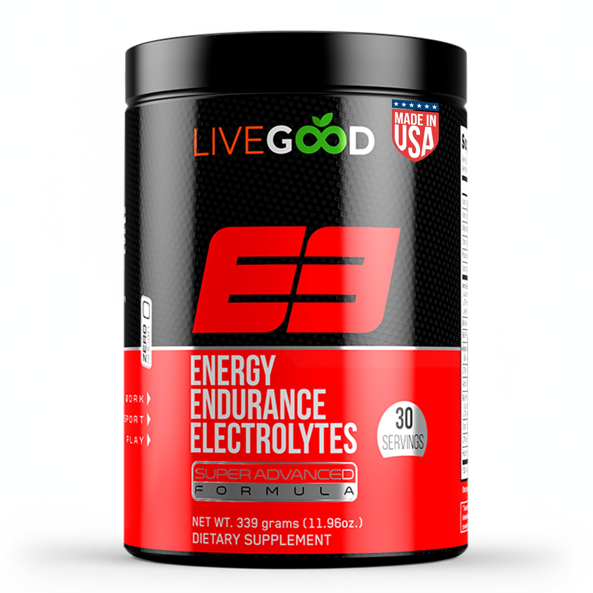 LIVEGOOD E3 preworkout powder jar highlighting energy and endurance support