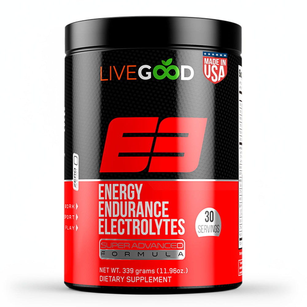 LIVEGOOD E3 preworkout powder jar highlighting energy and endurance support