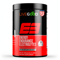 LIVEGOOD E3 preworkout powder jar highlighting energy and endurance support