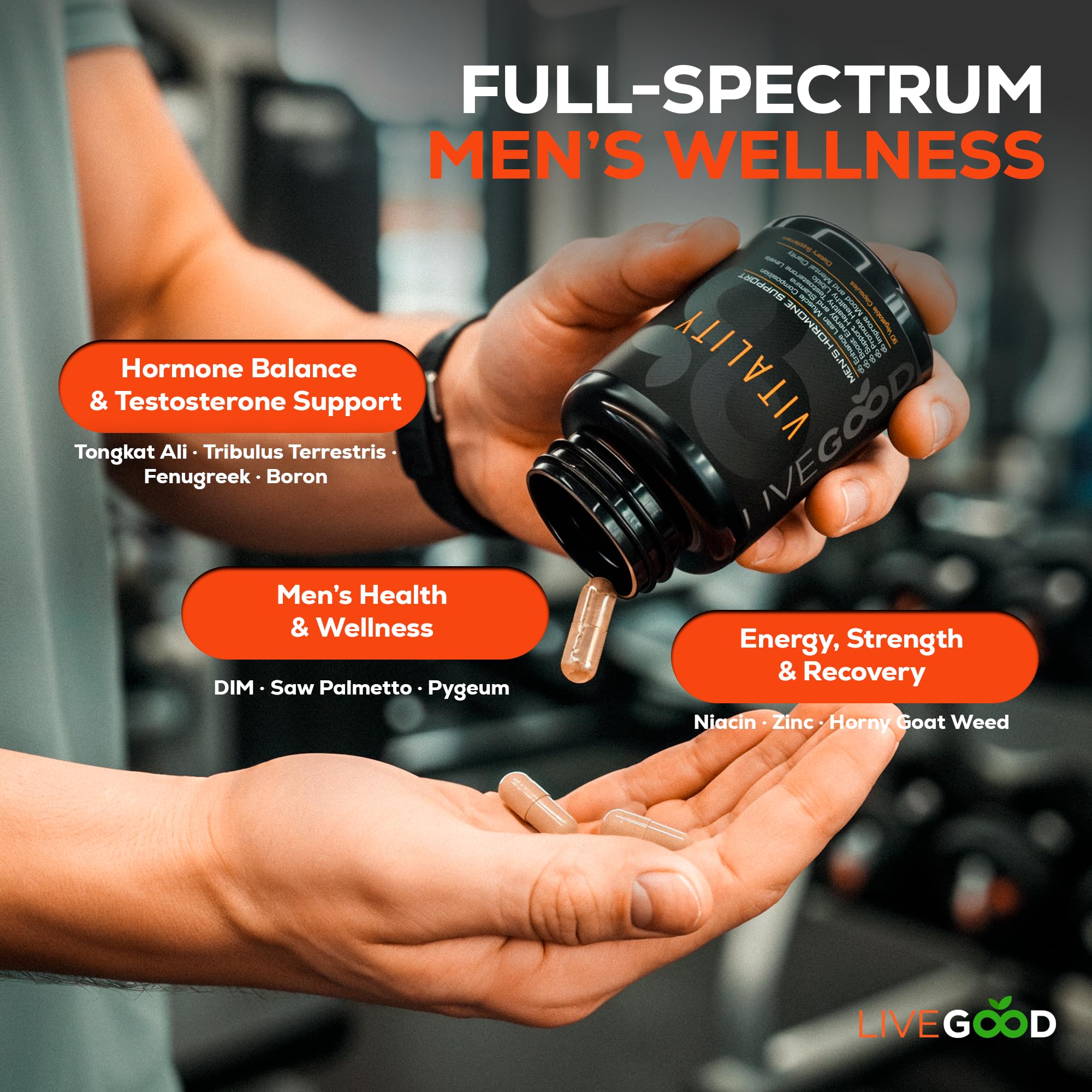 LIVEGOOD Vitality bottle with nutrition facts emphasizing safe, transparent sourcing and manufacturing.