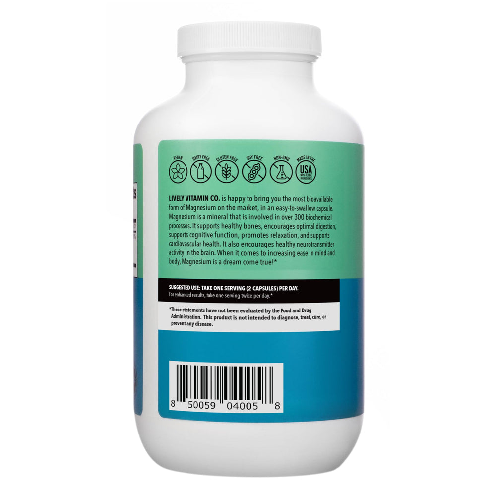 Close-up of Magnesium Ease chelated bisglycinate capsules