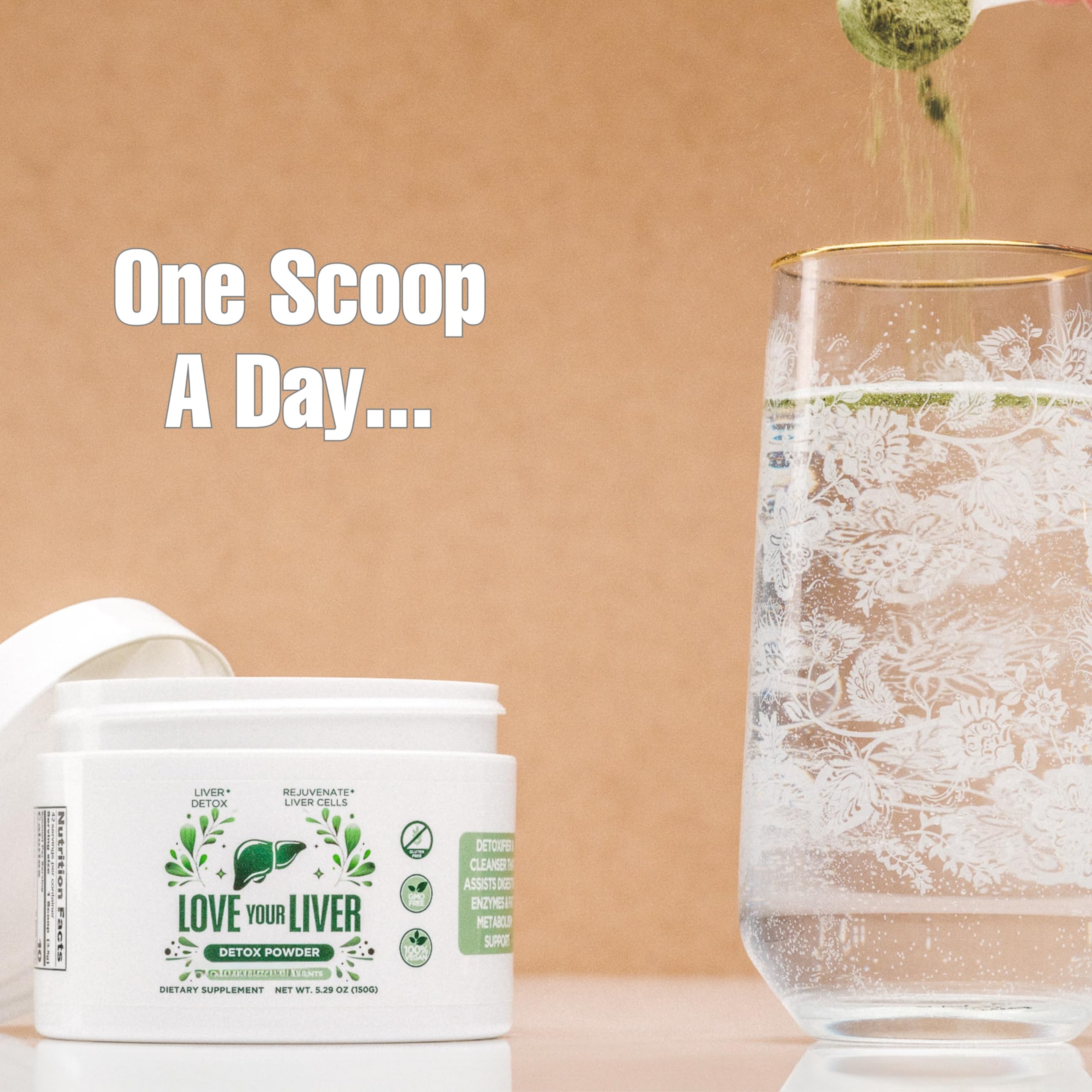 Liver detox powder being stirred into a glass of water