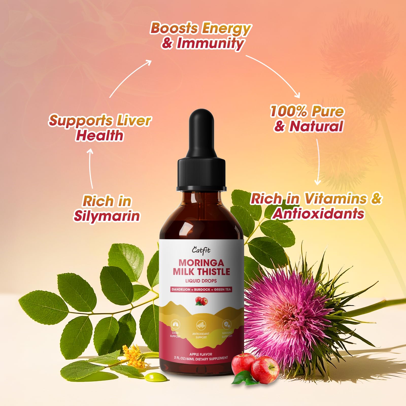 Herbal blend ingredients: Milk Thistle, Moringa, Dandelion, Burdock, Green Tea