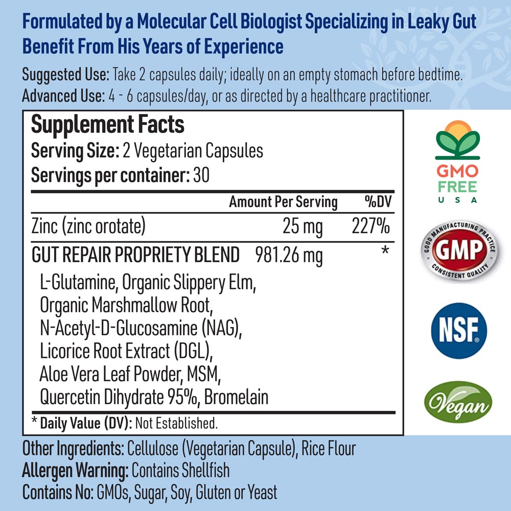 Ingredient list featuring glutamine, slippery elm, NAG