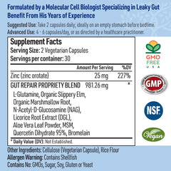 Ingredient list featuring glutamine, slippery elm, NAG