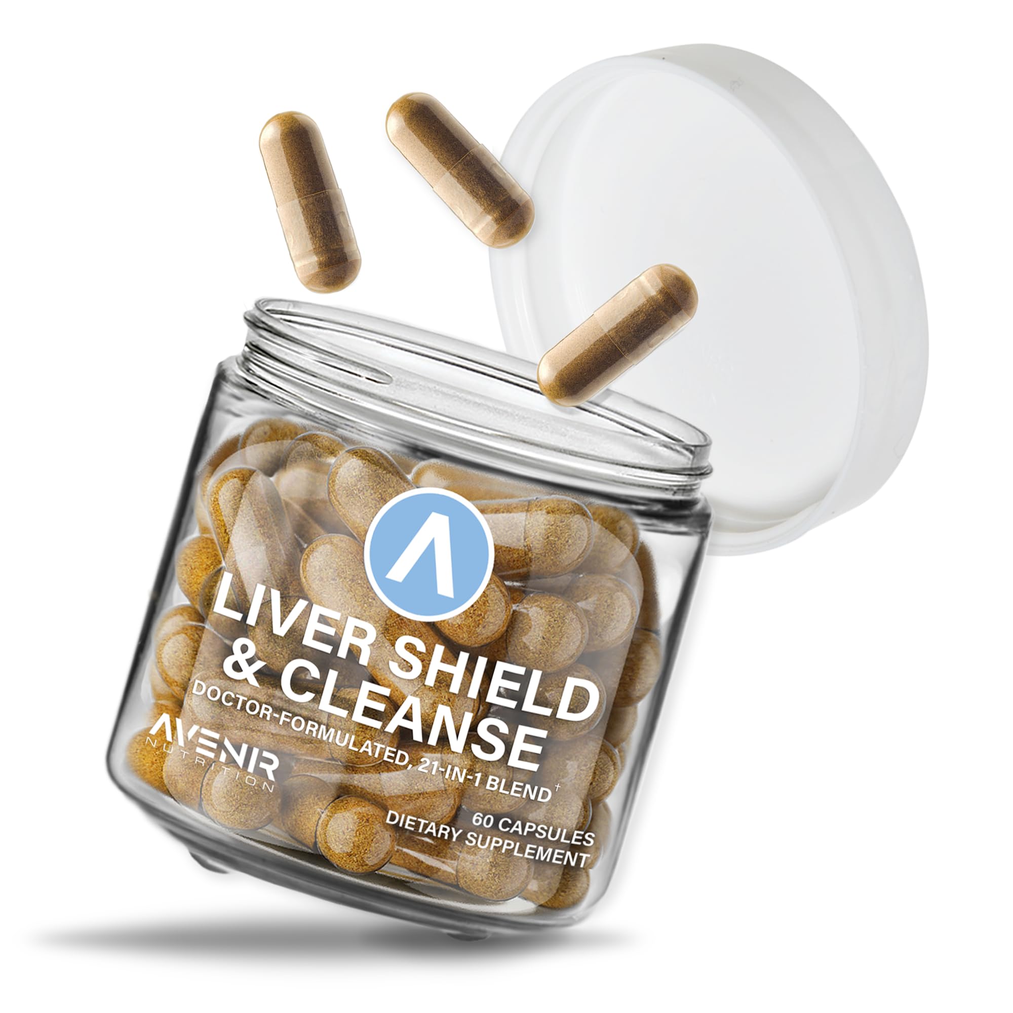 Product shot of Avenir Nutrition Liver Shield & Cleanse bottle and capsules