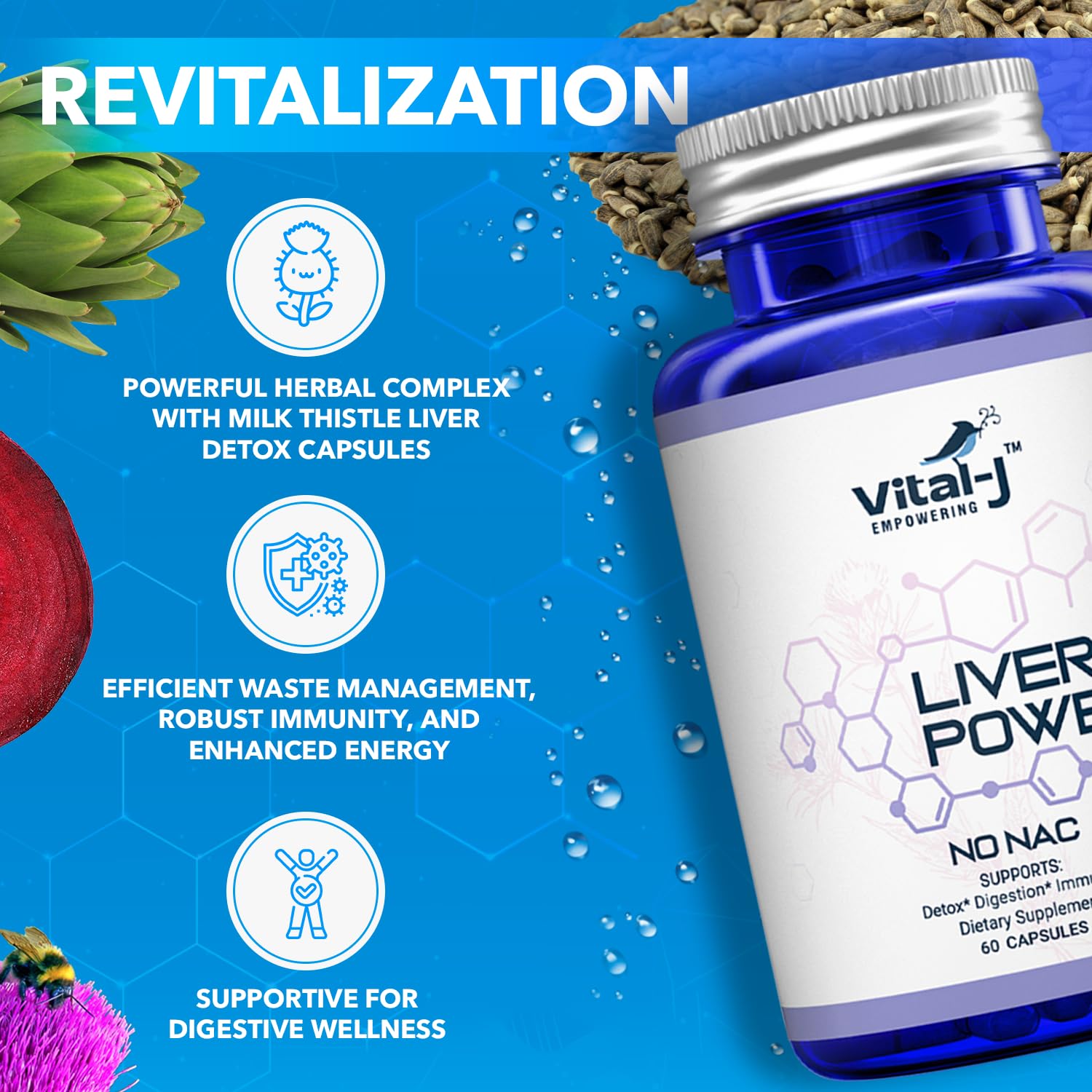 Close-up of key ingredients Milk Thistle, Zinc, Beetroot, and Artichoke extract