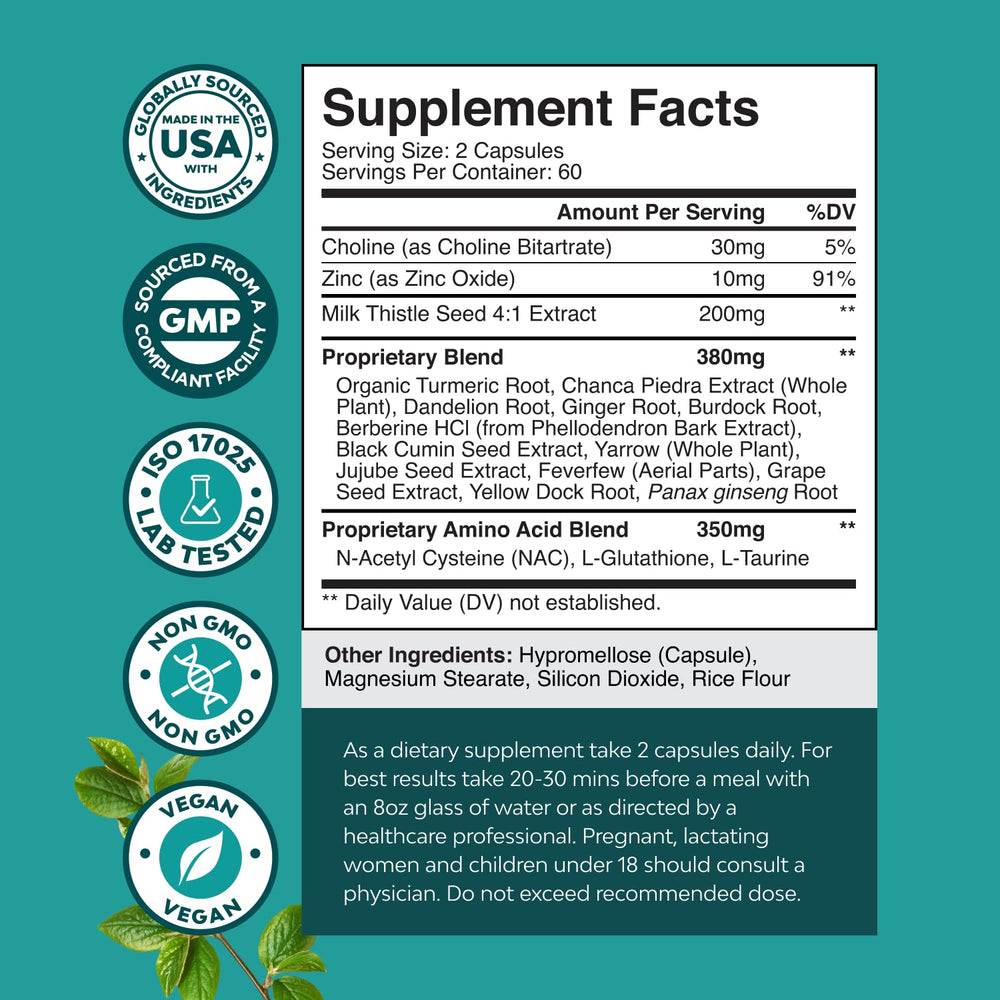 Close-up of ingredients list for liver detox supplement