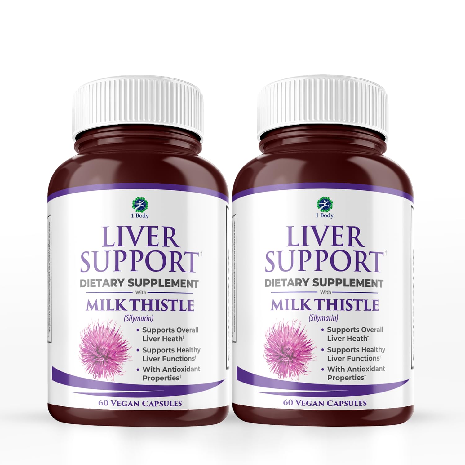 1 Body Liver Support Twin Pack bottle with Milk Thistle, Dandelion, Turmeric, Artichoke and B Vitamins - 120 vegan capsules