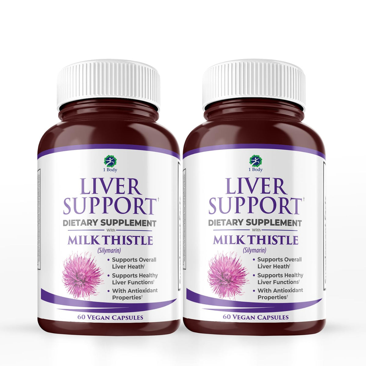 1 Body Liver Support Twin Pack bottle with Milk Thistle, Dandelion, Turmeric, Artichoke and B Vitamins - 120 vegan capsules