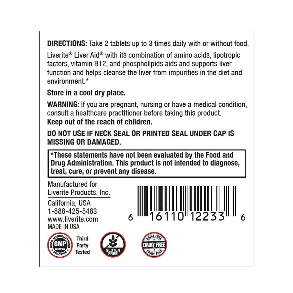 Front label of LIVERITE Liver Aid bottle