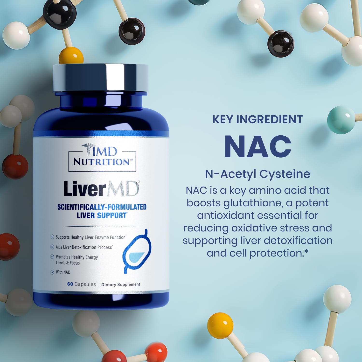 LiverMD ingredients icons including Siliphos Silybin, NAC, EVNolMax