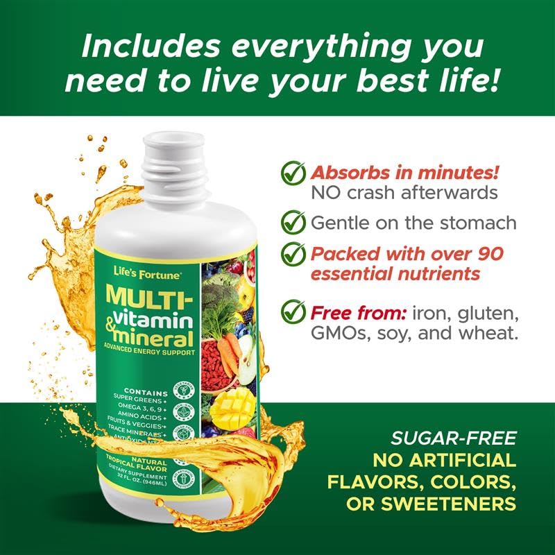 Close-up of Life's Fortune label on liquid multivitamin bottle