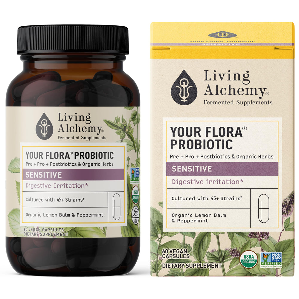 Living Alchemy Your Flora Probiotic Sensitive bottle showing gentle gut support for sensitive digestion