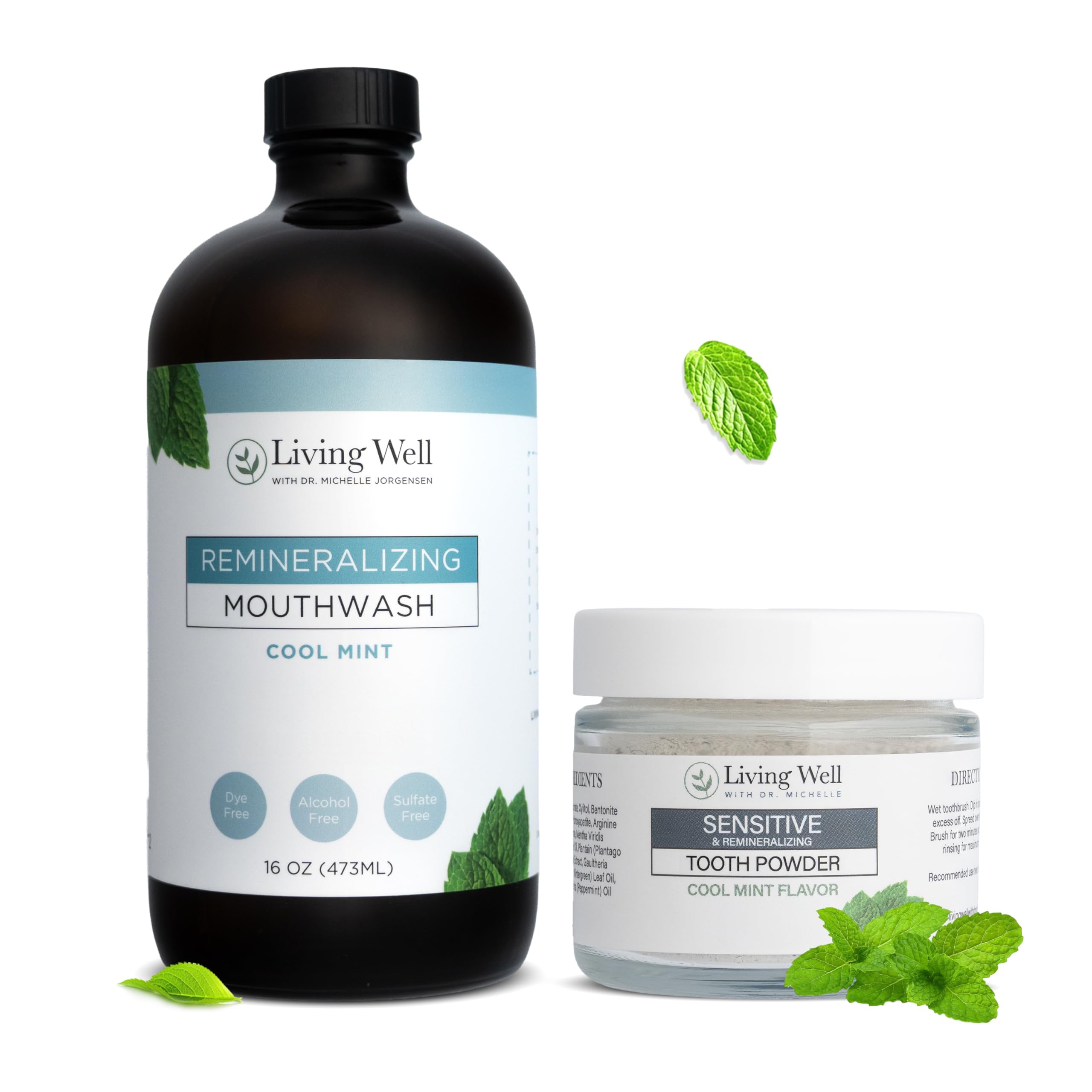 Living Well Bundle hero image featuring Sensitive Tooth Powder and Cool Mint Mouthwash