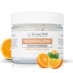 Front view of Living Well Citrus Remineralizing Tooth Powder bottle