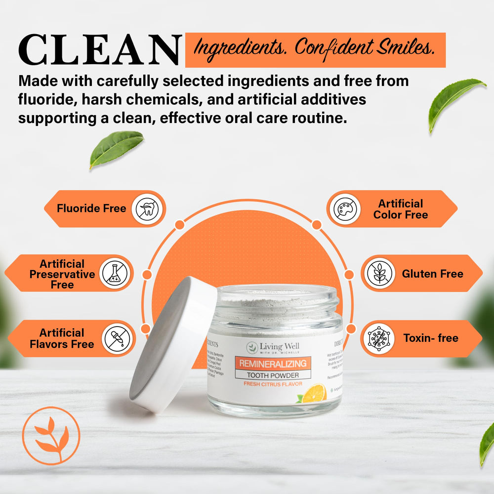 Clear jar of tooth powder showing citrus aroma