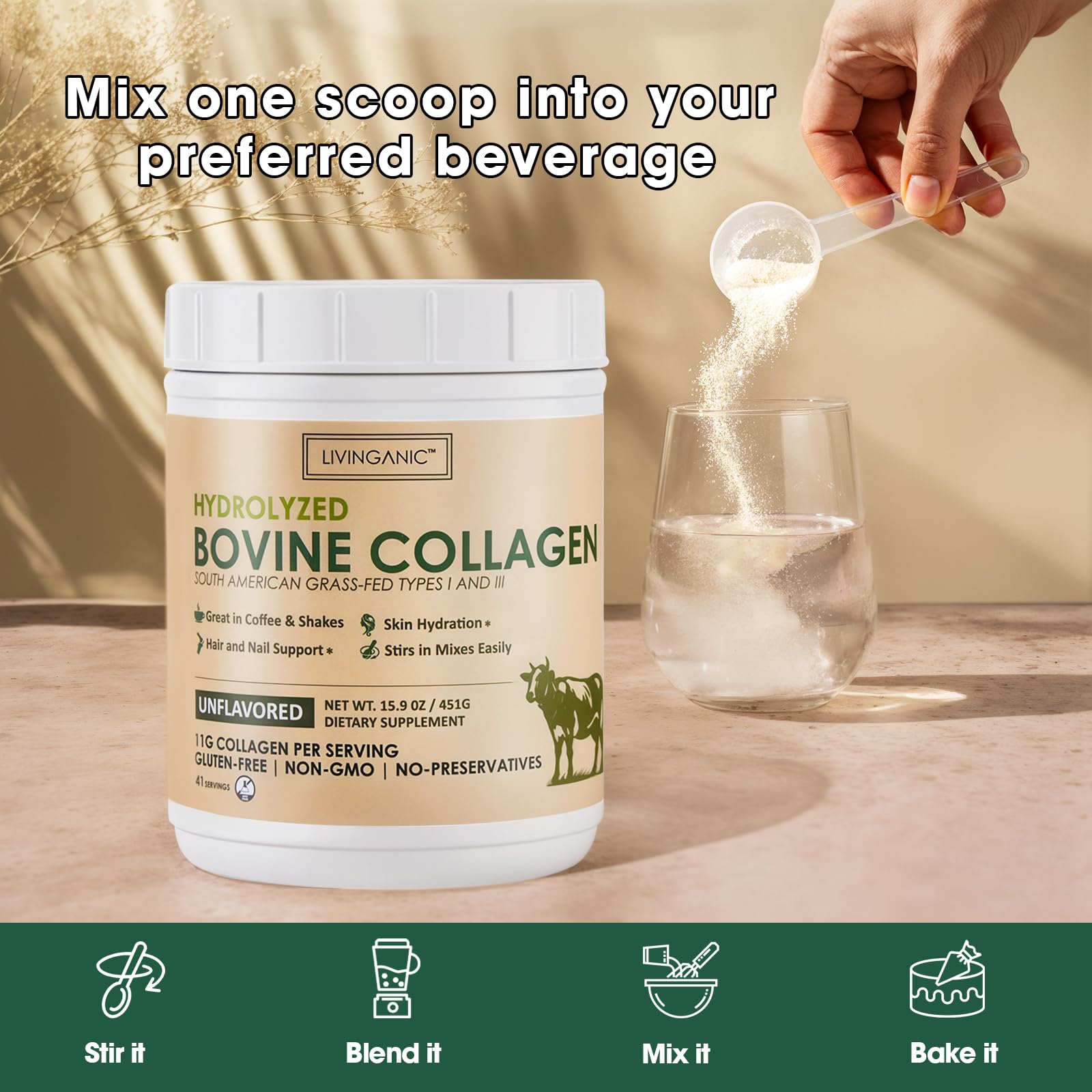 Nutrition facts panel for LIVINGANIC Collagen Peptides Powder
