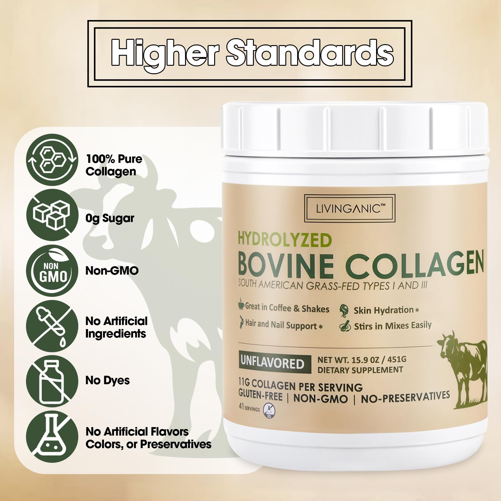 Close-up of the product label on LIVINGANIC Collagen Peptides Powder Unflavored