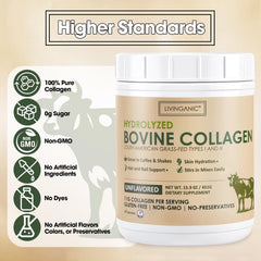 Close-up of the product label on LIVINGANIC Collagen Peptides Powder Unflavored