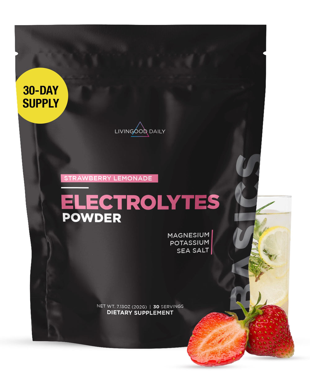 Livingood Daily Electrolytes powder bottle ready for hydration support in the kitchen
